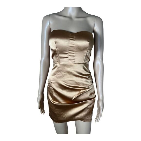 NWT Naked Wardrobe Revolve The Statement Strapless Gold Satin Dress Size… - Picture 1 of 6